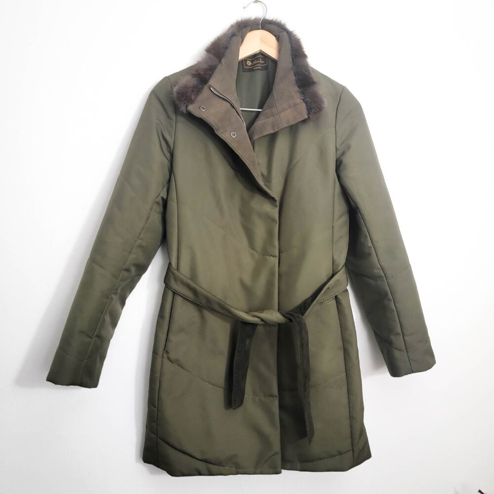 Loro Piana Storm System Belted Coat with Mink Fur Collar in Green 42 6